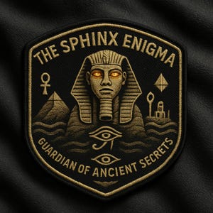 Puede incluir: Parche bordado negro con detalles dorados, que representa la Esfinge con ojos naranja brillante. El texto dice "THE SPHINX ENIGMA" y "GUARDIAN OF ANCIENT SECRETS". Incluye símbolos e imágenes egipcias.