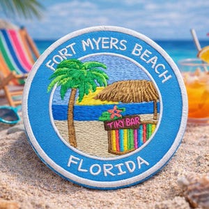 Fort Myers Florida Beach Patch/Iron-On Patch/Tropical Vibes/Tiki Bar/Happy Hour/Embroidered Sew-On Applique for Clothing Tote Bag Hats
