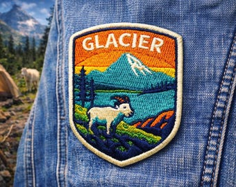 Glacier National Park Patch/Mountain Goat/Iron-On Patch/Nature Badge/Camping & Hiking/Sew-On Applique for Clothing Vest/Jacket Hats Backpack