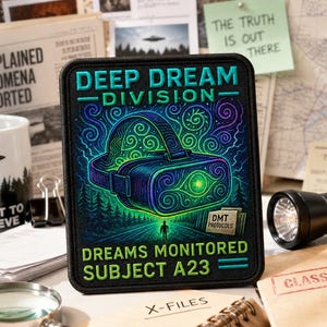 Könnte beinhalten: Ein rechteckiger Aufnäher mit dem Text "DEEP DREAM DIVISION" und "DREAMS MONITORED SUBJECT A23". Der Aufnäher zeigt ein VR-Headset-Design mit grünen und blauen Wirbeln, eine Figur und die Worte "DMT PROTOCOLS".