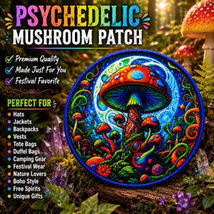 Psychedelic Magic Mushrooms Patch/Iron-On Patch/Retro Hippie Boho Woodstock Music/Sew-On Applique for Clothing Backpacks, Vest/Jacket Bag