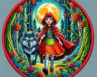 Little Red Riding Hood Patch Iron-on Embroidered Applique for Backpack Clothing Vest Denim Jacket, Fairy Tales Badge, Kids Crafts, Bad Wolf