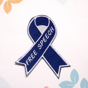 Free Speech Blue Ribbon Patch Embroidered Iron-on Support Event Patch Applique for Vest & Backpack, Fundraising Gift, Cause Patch