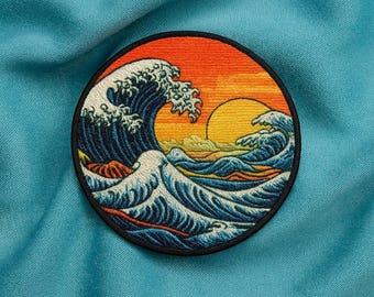 Retro Wave Patch/Iron-on Patch/Ocean Badge/Beach Souvenir/Coconut Girl/Sew-On Applique for Clothing Backpack Vest/Jacket Hats Tote Bags Gear