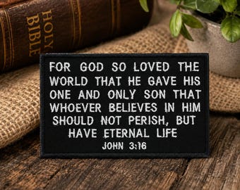 John 3:16 Patch/Bible Verse/Iron-On Patch/Religious Gift, Christian Bikers, Faith/Embroidered Sew-On Applique for Clothing Jacket, Backpacks