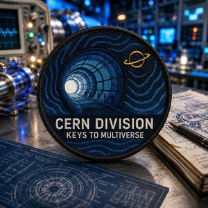 May include: A circular embroidered patch featuring a dark blue background with a tunnel design, a yellow planet icon, and white text that reads CERN DIVISION KEYS TO MULTIVERSE. The patch has a black stitched border and a detailed fabric texture.