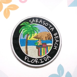 Sarasota Beach Florida Patch Embroidered Iron-On Applique for Tote Bags & Clothing, Tropical Vibes Patch, Tiki Bar Patch, Happy Hour Patch