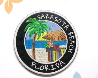 Sarasota Beach Florida Patch Embroidered Iron-On Applique for Tote Bags & Clothing, Tropical Vibes Patch, Tiki Bar Patch, Happy Hour Patch