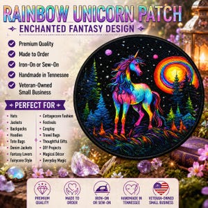 May include: A circular embroidered patch featuring a vibrant, multi-coloured unicorn standing in a dark forest under a starry night sky with a large, glowing rainbow-coloured sun. The design includes deep blues, purples, and bright neon hues.