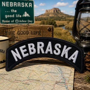 Nebraska Patch/Iron-On Patch/Rocker Style/Biker Vest/Motorcycle Jacket/USA State City/Embroidered Sew-On Applique for Clothing Backpack Hats