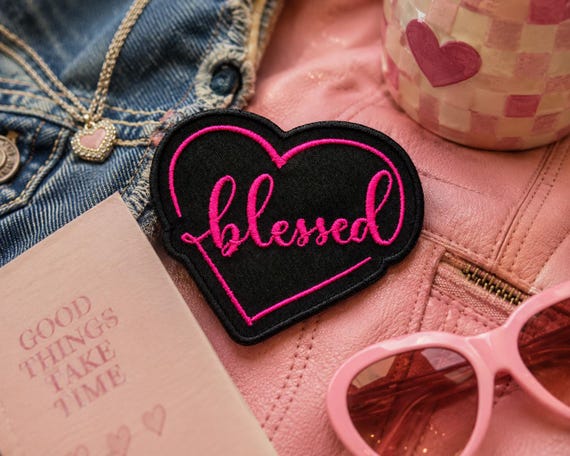 Heart Patch/Blessed Pink Text/Iron-On Patch/Positive Uplifting Message/Christian Gift/Embroidered Sew-on Applique for Clothing Vest Backpack