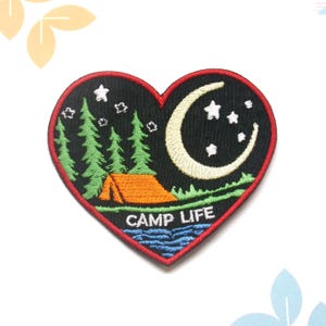Camp Life Patch w/Moon Stars & Tent in Forest, Heart Patch Embroidered Iron-On Badge for Backpack, Jacket, Vest, Mountain Patch Nature Patch