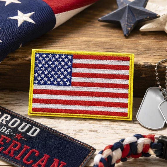 American Flag Patch Embroidered Iron-On, Gold Border USA (Veteran Made, Durable Stitching, 3x2 Inches, Military Grade)