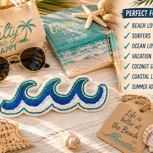 Ocean Wave Patch/Iron-On Patch/Coconut Girl & Fun Beach Vacation/Embroidered Sew-On Applique for Clothing Jacket Hats Backpack Tote Bags