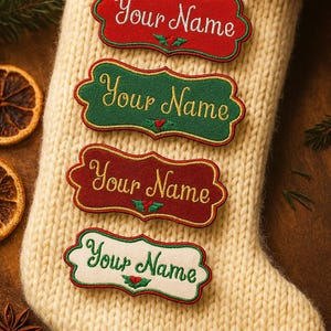 Christmas Stocking NAME PATCH - 5&quot; x 2&quot; Custom Personalized Iron On or Sew On Patch, Embroidered Applique Patch, Festive Font, 1 Patch