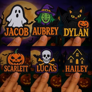 May include: Embroidered Halloween patches featuring a ghost, witch, black cat, jack-o'-lantern, skull, and haunted house. Each patch has a name in orange or yellow lettering: Jacob, Aubrey, Dylan, Scarlett, Lucas, and Hailey. The patches are held up against a spooky background.