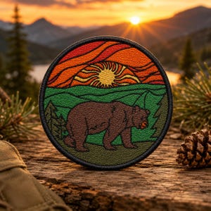 Op de afbeelding: Een ronde geborduurde patch met een bruine beer die door een groen boslandschap loopt. Boven het bos straalt een gestileerde gele zon licht uit tegen een achtergrond van oranje en rode gelaagde wolken, alles omrand door een zwarte rand.