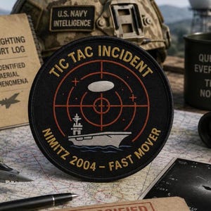 Op de afbeelding: Een ronde zwarte geborduurde patch met een rood radarkruis, een wit silhouet van een vliegdekschip en een witte ovale vorm. De tekst TIC TAC INCIDENT, NIMITZ 2004 - FAST MOVER staat in gouden letters rondom de rand van de patch.