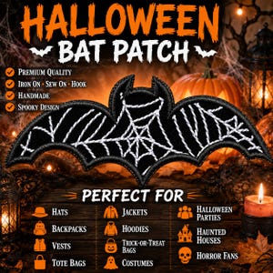Halloween Patch Bat with Spider Web Embroidered Iron-On/Sew-On Applique Clothing Uniform Trick or Treat Bag Costume, Ghosts Zombies Vampires