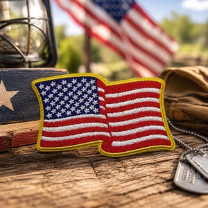 May include: A rectangular embroidered patch featuring the American flag with a wavy design. The patch displays a blue field with white stars on the left and horizontal red and white stripes on the right, all bordered by a thick yellow thread edge.