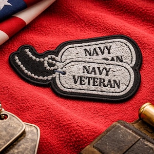 Navy Veteran Patch Dog Tags - Military Embroidered Applique - Iron-On or Sew-On, Patriotic Gear, Veteran-Owned Shop