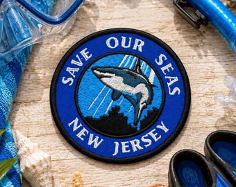 Save Our Seas Shark Patch/Iron-On Patch/New Jersey Souvenir Gift/Embroidered Sew-On Applique for Clothing Jacket Hats Scuba Gear Backpack