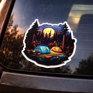Camping Sticker • Forest Tent Vinyl Decal • Camping in the Woods Die-Cut Sticker • Outdoor Adventure SUV Window Decal • Camp Life Sticker