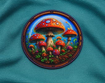 Aplique termocolante de cogumelos mágicos psicodélicos coloridos. Aplique fofo e retrô de cogumelos para roupas, mochilas, jaquetas e bolsas.