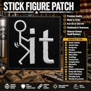 May include: A square black embroidered patch featuring white thread stitching that depicts a stick figure bending over to form the letter 'f' next to the letters 'i' and 't'. The patch has a stitched border and a durable merrowed edge.