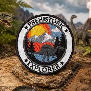 May include: A circular embroidered patch featuring a black dinosaur silhouette against a landscape of mountains, trees, and a yellow sun. The white border contains the black text PREHISTORIC EXPLORER with two black stars separating the words.
