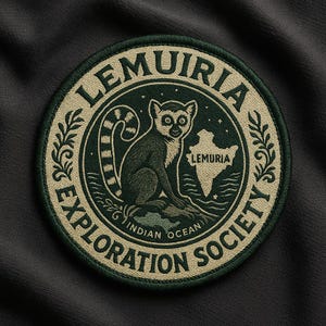 Könnte beinhalten: Runder Aufnäher mit dem Text "LEMURIA EXPLORATION SOCIETY". Er zeigt eine Lemuren-Illustration, eine Karte von Lemuria und die Worte "INDIAN OCEAN". Der Aufnäher ist grün, beige und schwarz, mit einem gestickten Design.