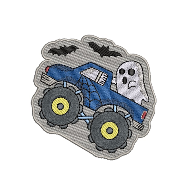 Blue Monster Truck with Ghost Patch Embroidered Iron-on/Sew-on Applique Vest Jacket Clothing Dresses Backpack Jeans Halloween Spooky