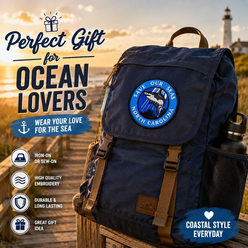 May include: A navy blue backpack with brown straps and a circular patch that reads "Save Our Seas North Carolina." The backpack has a side pocket holding a black water bottle. Text on the image says "Perfect Gift for Ocean Lovers."