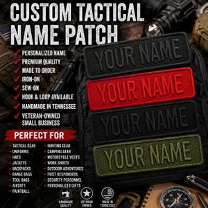 May include: Four rectangular custom tactical name patches featuring the text YOUR NAME in raised lettering. The patches are available in black, red, dark grey, and olive green. Each patch has a stitched border and a durable fabric construction.