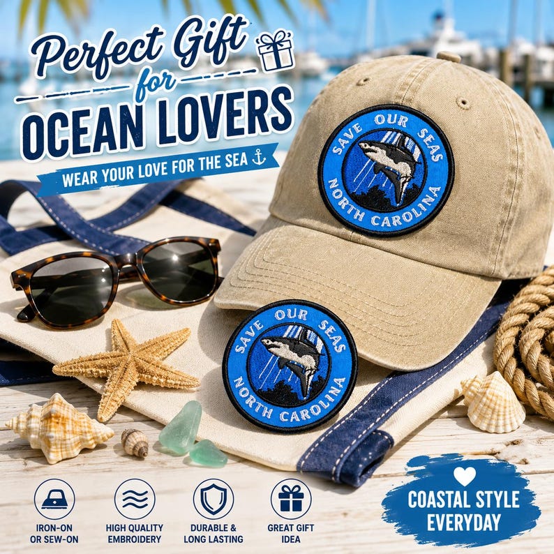 May include: A tan baseball cap and a patch with the text "Save Our Seas North Carolina" and a sea turtle graphic. The image also includes sunglasses, a tote bag, seashells, and the text "Coastal Style Everyday".