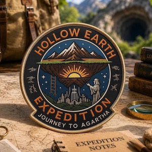 May include: A circular embroidered patch featuring the text HOLLOW EARTH EXPEDITION JOURNEY TO AGARTHA. The design depicts a floating landmass with a sun, a ladder, a city, and a figure, all set against a dark blue sky with stars.