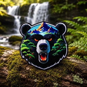 May include: An embroidered patch shaped like a bear head featuring a black bear face with glowing orange eyes, a white snout, and an open mouth. The design includes a landscape of blue mountains and green trees within the bear's silhouette.