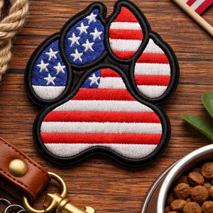 Dog Paw Patch/with USA American Flag/Iron-On Patch/Animal Badge/Family Pet Gift/Embroidered Sew-On Applique Clothing Vest/Jacket Backpack
