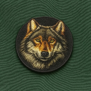 May include: Circular embroidered patch depicting a wolf's head. The wolf's fur is brown, black, and tan, with yellow eyes. The patch has a black border and is set against a textured green background.
