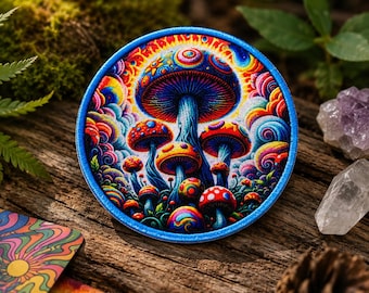 Aplique termocolante de cogumelos mágicos psicodélicos coloridos. Aplique fofo e retrô de cogumelos para roupas, mochilas, jaquetas e bolsas.