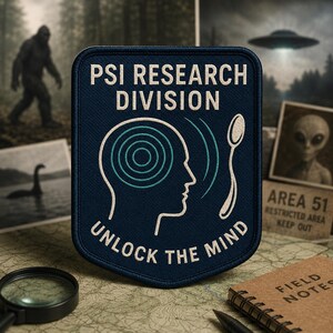 Op de afbeelding: Een rechthoekige donkerblauwe geborduurde patch met afgeronde hoeken. Het bevat de witte tekst PSI RESEARCH DIVISION bovenaan, een profiel van een menselijk hoofd met blauwgroene concentrische cirkels, een witte lepel en UNLOCK THE MIND onderaan.