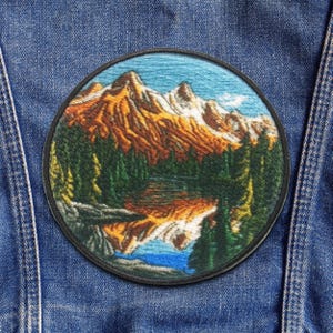 Mountain Lake Patch - Nature Badge Iron-on Applique for Backpacks & Clothing, Seek Adventure Patch, Hiking, Camping, Fishing Patch, Outdoors