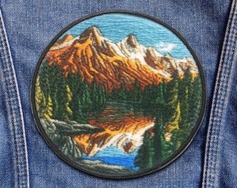 Mountain Lake Patch - Nature Badge Iron-on Applique for Backpacks & Clothing, Seek Adventure Patch, Hiking, Camping, Fishing Patch, Outdoors