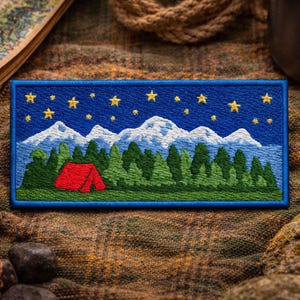 Camping in the Forest Patch/Iron-On Patch/Mountains Trees Stars/Parks/Nature & Hiking Adventure/Embroidered Sew-On Applique for Clothing