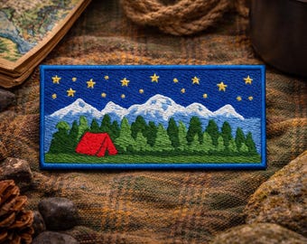 Camping in the Forest Patch/Iron-On Patch/Mountains Trees Stars/Nature Badge/Hiking Adventure/Embroidered Sew-On Applique for Clothing Hats