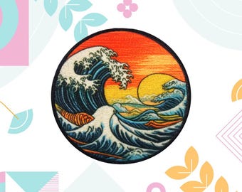 Retro Wave Patch - Ocean Badge Iron-on Applique for Backpack Clothing Vest Bag Jacket Hat, Beach Souvenir Gift, Decorative Crafts, Sea Life