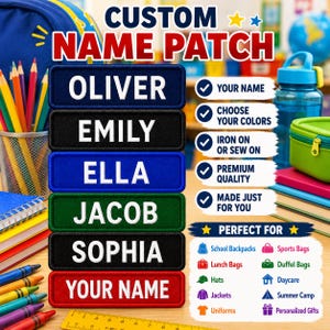 Personalized Name Patch Embroidered, Custom Text Patches Embroidered, Sew On/Iron On Patch Applique for Clothing Hats Backpacks Uniform