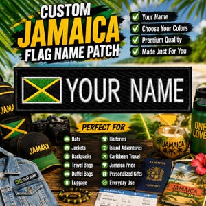 Personalized Name Patch Embroidered/Jamaica Flag Patch/Custom Text Patches/Iron On Patch Applique for Clothes/Hats/Backpacks/Uniform/Jacket