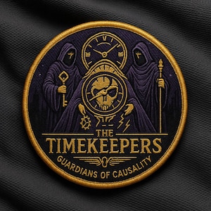 Può includere: Toppa ricamata circolare con un disegno di figure incappucciate, orologi e un teschio. Il testo "THE TIMEKEEPERS GUARDIANS OF CAUSALITY" è in lettere dorate su sfondo viola scuro con bordo dorato.