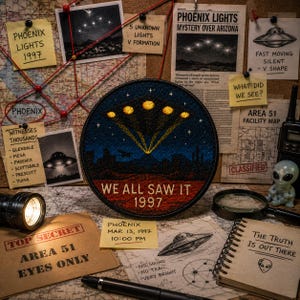May include: A circular embroidered patch with the text "WE ALL SAW IT 1997" and an image of lights over a city. The patch is surrounded by notes, maps, and a flashlight, creating a theme of investigation and mystery.